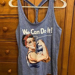 District tank, blue “we can do it”. Braided back